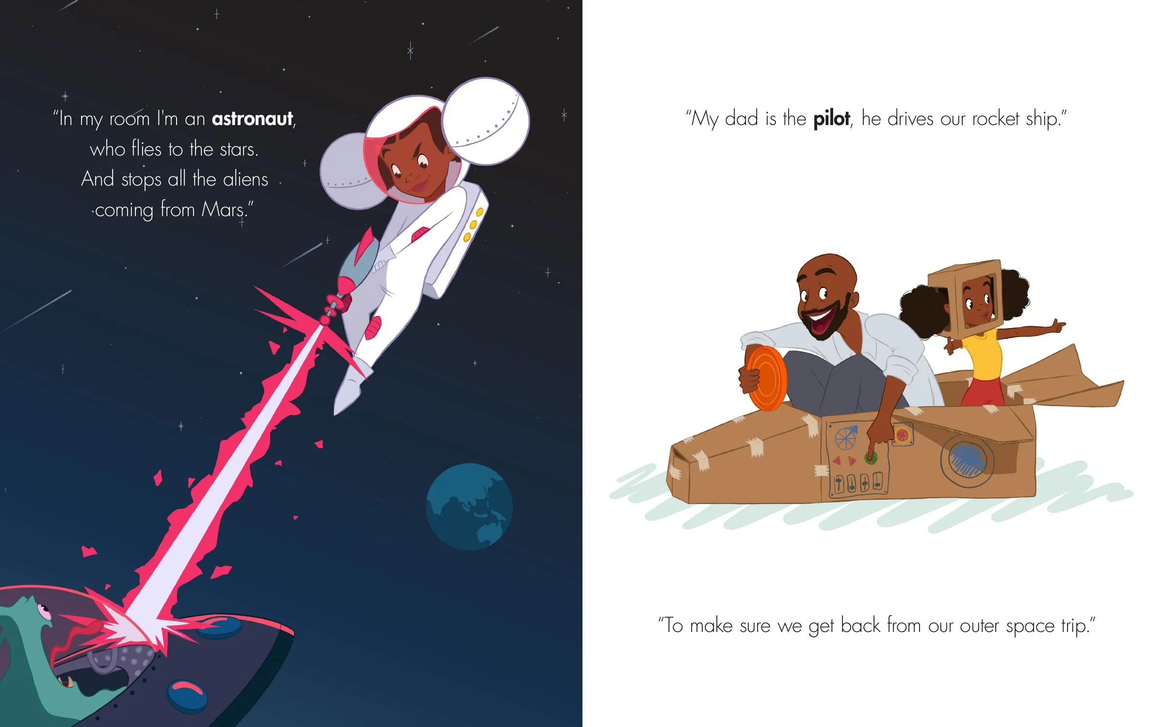 Rochelle as an astronaut in a white spacesuit, riding a rocket away from Earth